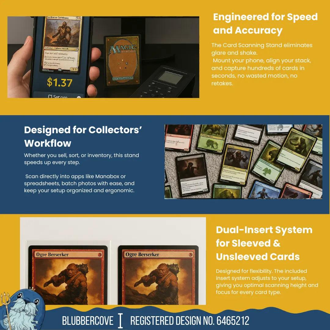 MTG Card Scanner Stand – Works with ManaBox, TCG Apps – Magic the Gathering Scanner for Deck Sorting, Live Sales & Fast Price Checks | Pokémon, Yu-Gi-Oh Bulk Sorting Blubber Cove