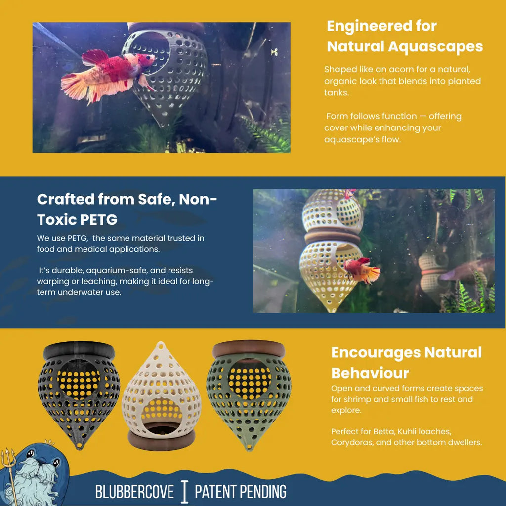 BettaPod Floating Aquarium Cave Log – Betta & Shrimp Hide | Natural Aquascape Decor (Fish Safe) Blubber Cove