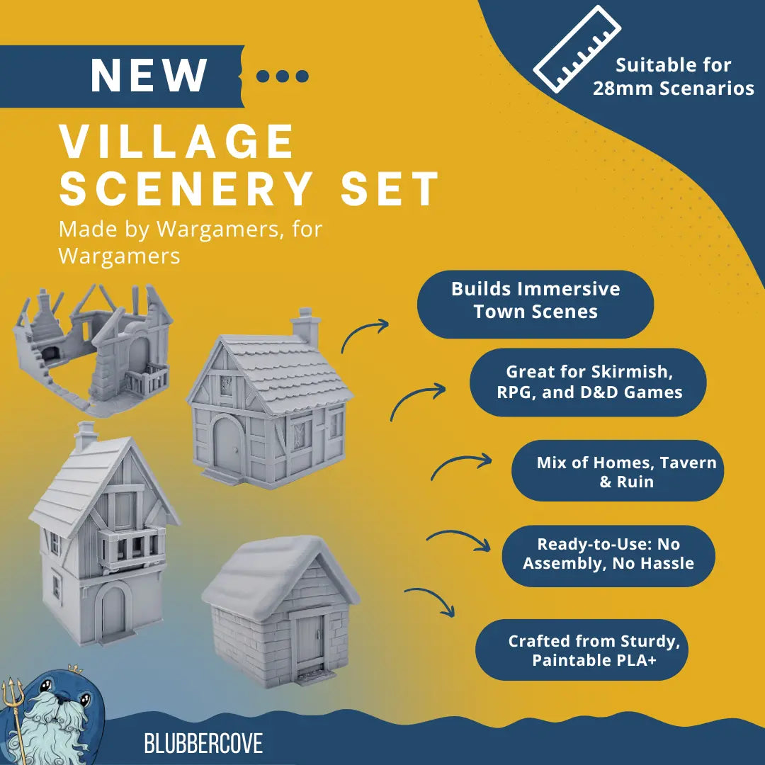 28mm Fantasy Village Buildings | DND RPG Scatter Terrain for Wargames Blubber Cove