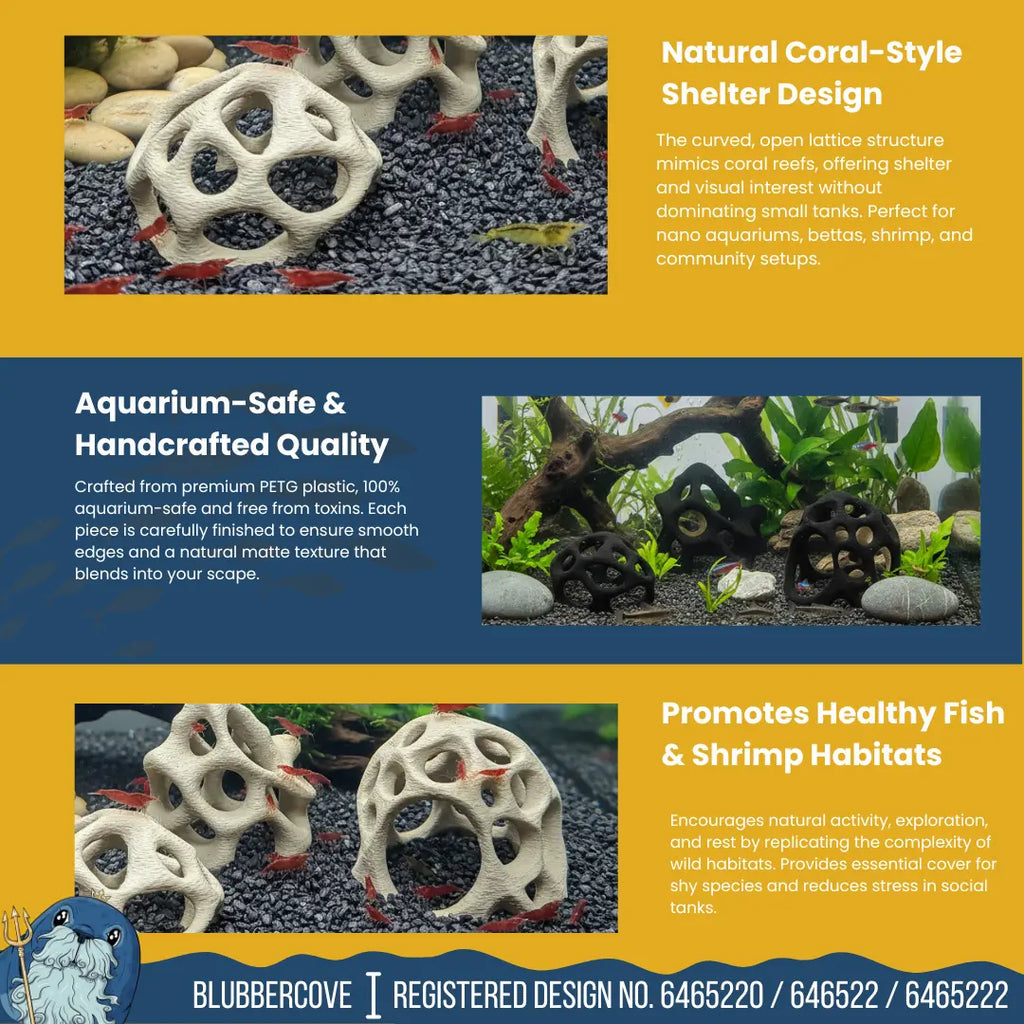 Aquarium Caves Set of 3 – Natural Aquascape Decor for Shrimp, Betta & Nano Fish Blubber Cove