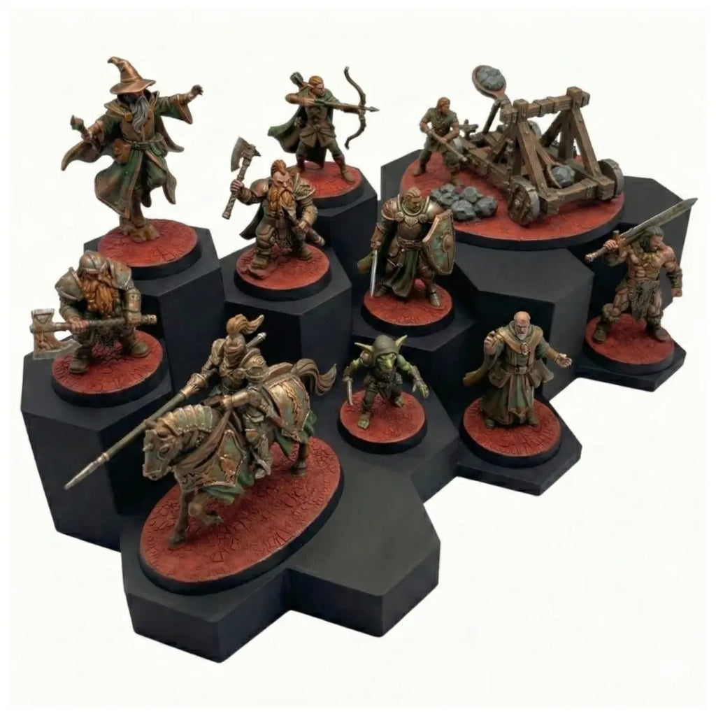 Collection of fantasy miniatures on a display stand with a white background