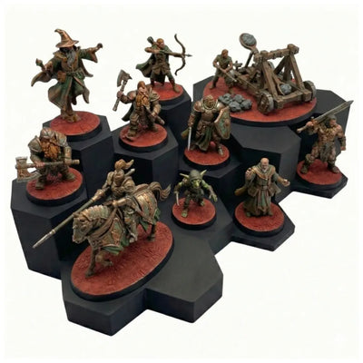 Collection of fantasy miniatures on a display stand with a white background