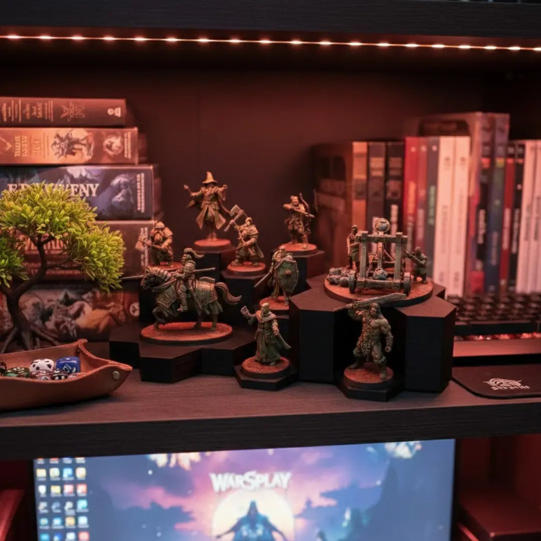 Efficient space-saving display for tabletop army detachments.